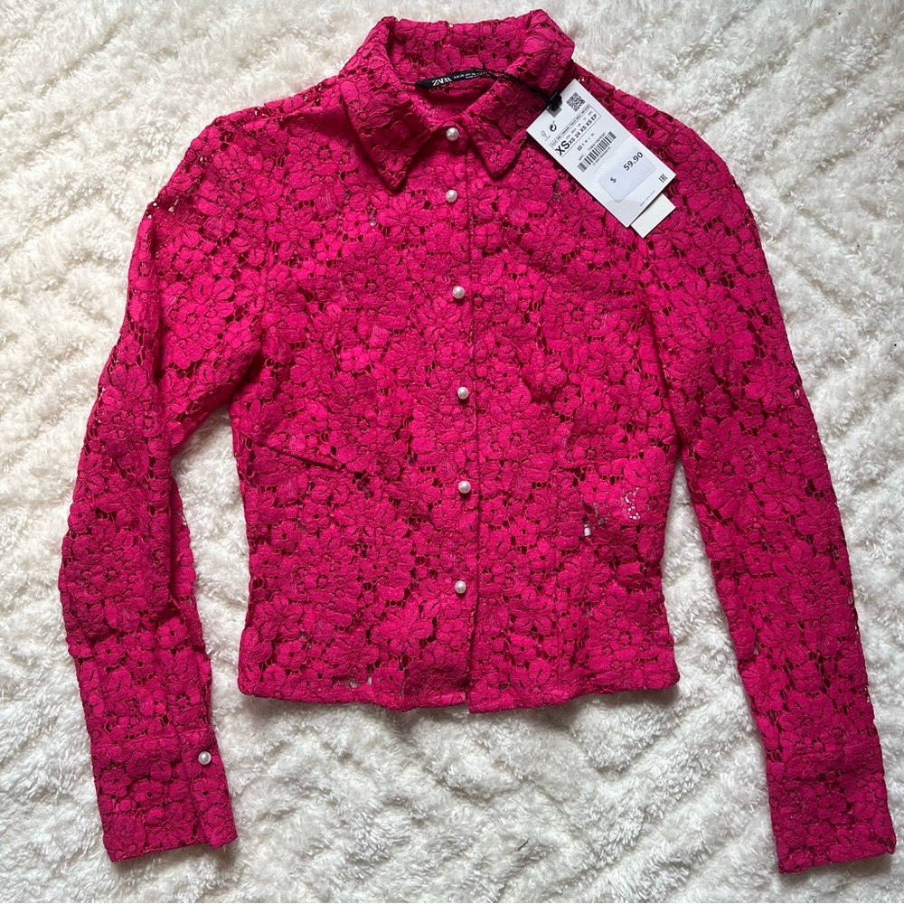NWT Zara Pink Barbie Tailored Lace Shirt size XS
